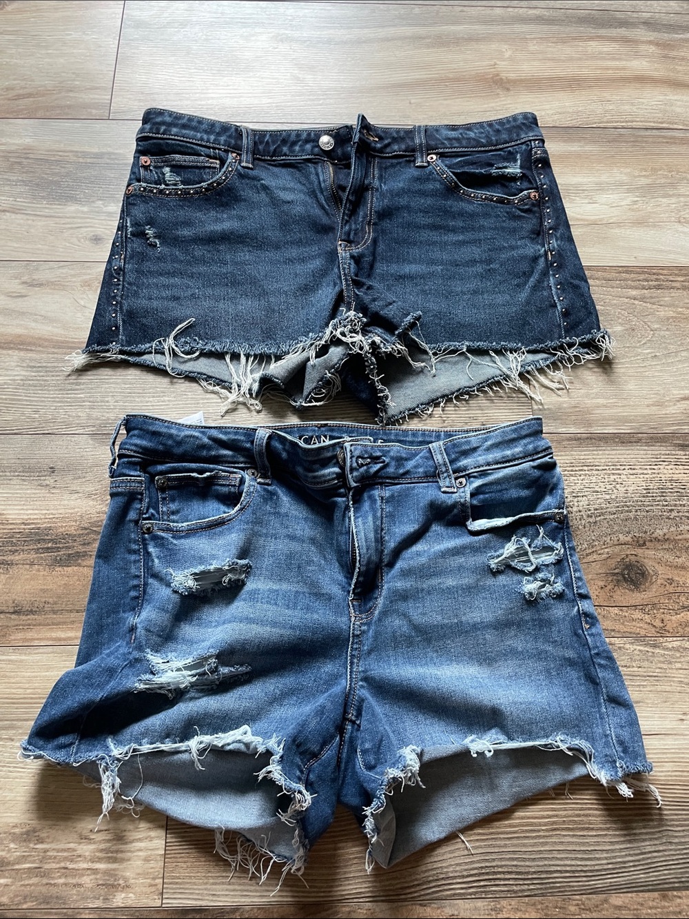 American Eagle Outfitters Distressed Denim Shorts - Dark Blue & Medium Blue